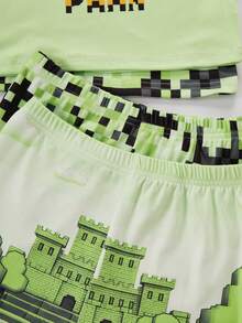 男童修身居家服4件套，綠色像素迷彩圖案，酷炫冒險風格，像素風恐龍飛翔圖案，沉浸式遊戲體驗像素印花短袖與短褲 - 彩色 - 查看 6