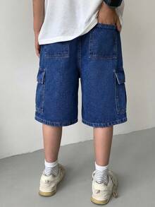 SHEIN 兒童青少年男孩口袋鈕扣工裝休閒百搭日常上學開學牛仔短褲 藍色 夏季 - 深色水洗藍 - 查看 2
