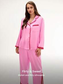LUVLETTE Ensemble de pyjama et tenue d'intérieur grande taille pour femme, sexy, en satin soyeux luxueux avec bordure en dentelle, boutonné, long, rose aéré, lingerie pour la Saint-Valentin - Rose bonbon - Voir 11