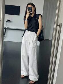 DAZY 女款素色百褶口袋商務休閒長褲 - 白色 - 查看 2