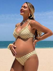 SHEIN 26SS Summer Beach Vacation Yellow Ruffle Textured Fabric Maternity Swimsuit Set - Multicolor - View 3