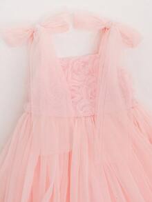 Glamorique Kids 女童粉色3D玫瑰刺繡對比網紗細肩帶洋裝，蝴蝶結肩帶與後背鬆緊抓皺設計，生日派對洋裝 - 粉色 - 查看 4