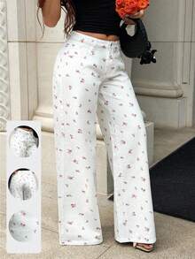 Rivivi Jean large et ample décontracté à poches avec imprimé floral discret pour femmes - Blanc - Voir 1