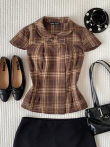 Comfortcana Women's Plaid Peter Collar Cap Sleeve Casual Vintage 70s 90s French Preppy Blouse Back-To-School Brown Checkered Summer Graduation School Teacher Tops - Coffee Brown - View 3