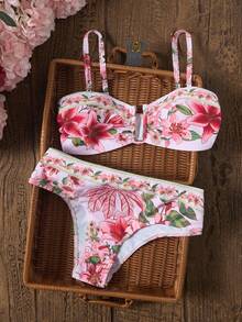 Swim Vcay 女款休閒度假海灘多色印花紋理布料比基尼兩件式泳衣套裝 - 粉色 - 查看 2