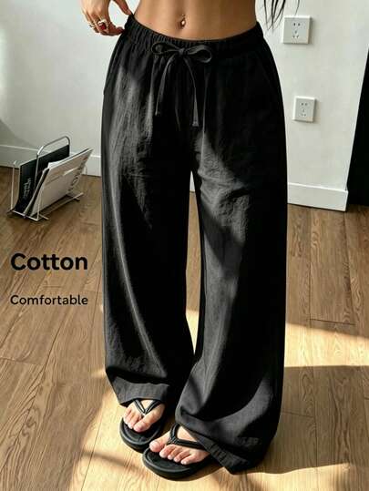 SHEIN 青少年（女孩）春夏休闲沙滩度假日常100%纯棉宽松带口袋长裤