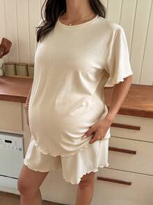 Dazy Maternity Solid Color Casual Loose Short Sleeve Top & Shorts 2-Piece Set, Spring/Summer Daily Wear For Pregnant Women - Yellow - View 3