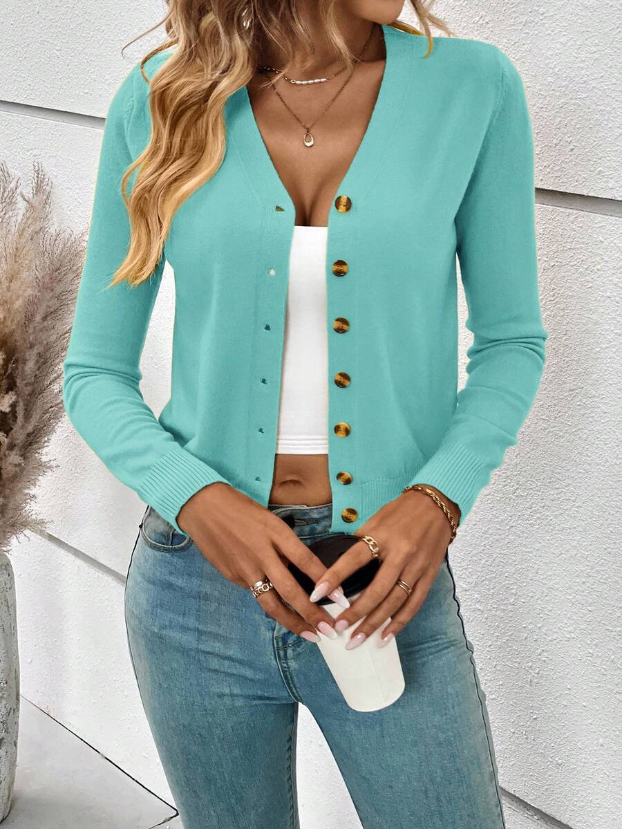 SHEIN Frenchy 女款休閒百搭純色開襟羊毛衫 - 青碧色 - 查看 1