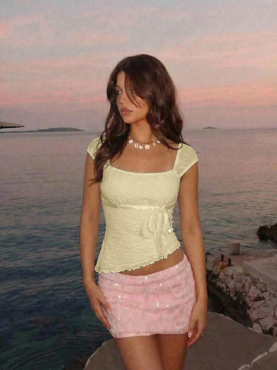 SHEIN MOD 女款夏季優雅純色不對稱下擺背心上衣 - 淡黃色 - 查看 1