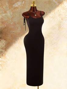 Amplova Vestido maxi ajustado con escote cuadrado, tirantes finos, lazo, espalda descubierta, fruncido y abertura alta - Marrón - Ver 4