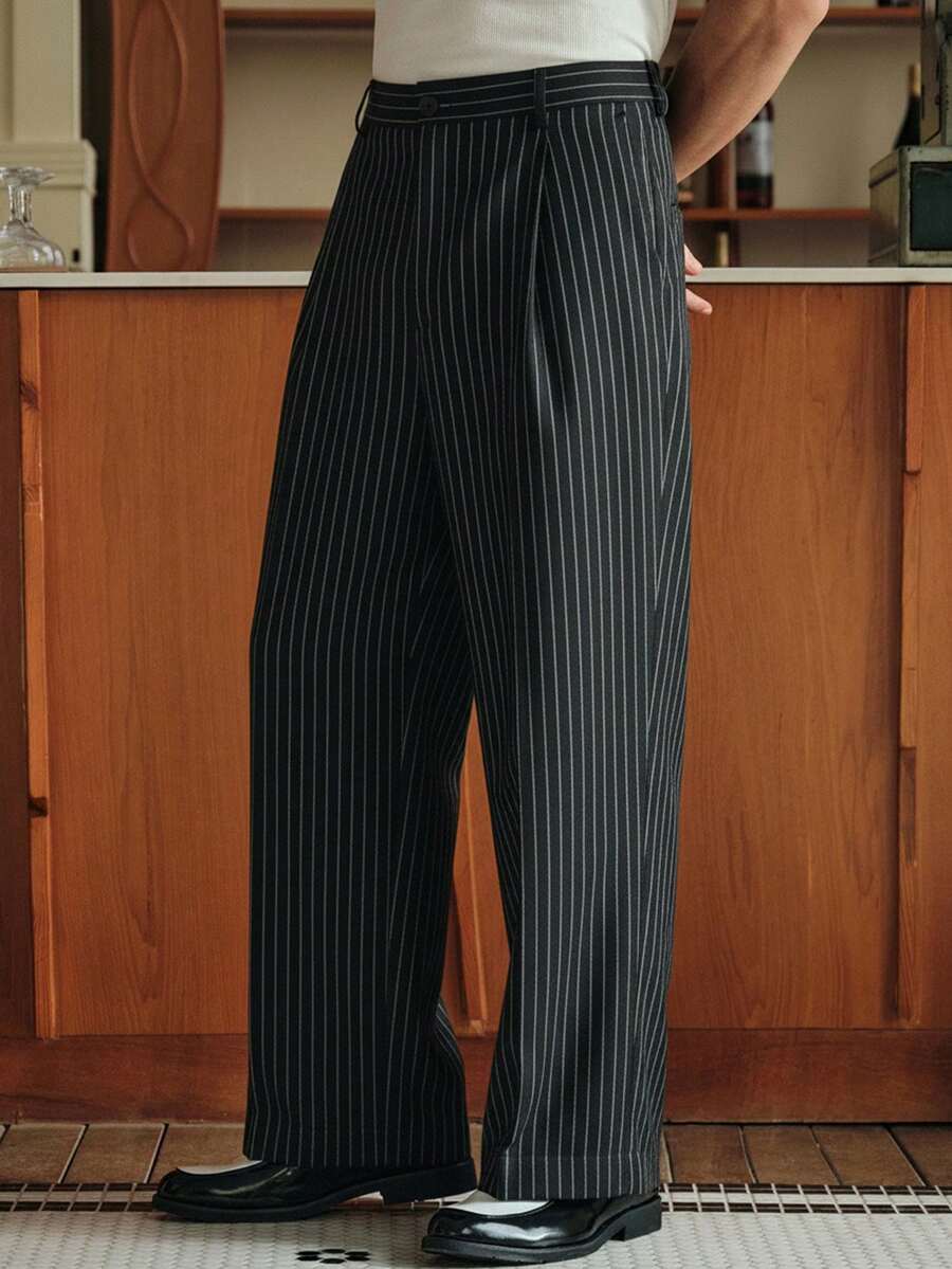 SWAVVY Men's Spring/Summer Casual Striped Wide Leg Pants With Buttons - Black - View 1