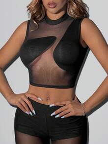 SHEIN ICON 女款網格拼接休閒透視日常穿著上衣 - 黑色 - 查看 5