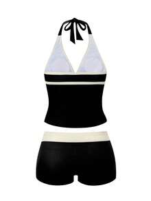 Swim Vcay 2026 Frühling/Sommer Neue Große Größen Einteiliger Schwarzer Tiefer V-Ausschnitt Schulterträger Digitaldruck Design Damen Bikini Badeanzug Oberteil, Lässig für Strand und Urlaubskleidung - Verschiedenfarbig - Übersicht 3