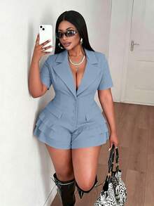 Maweii Plus Size Women's Sexy Lapel Collar Frill Trim Jumpsuit - Blue - View 4