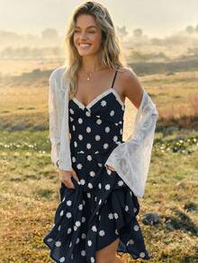 WESTFADE Navy Blue Polka Dot Floral Embroidered V Neck Smocked Waist Fit&Flare Midi Dress, Country Style, Western, Festival, Concert, Nashville, Rodeo, Cowgirl - Royal Blue - View 6
