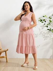 SHEIN 孕婦純色缺口V領無袖前開扣拼接洋裝 - 粉色 - 查看 3