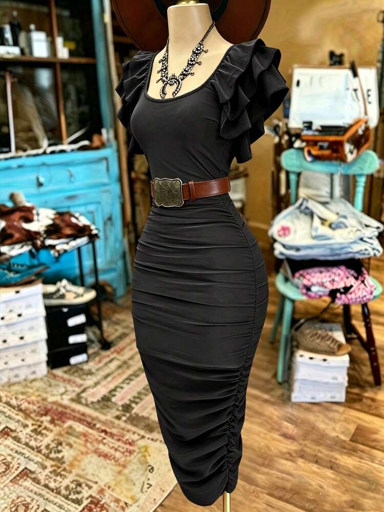 SuriyaCove Women's Fashion Multi-Layer Ruffle Square Neck Pleated Decor Dress, Suitable For Vacation, Party, Date And Other Occasions - Black - View 4