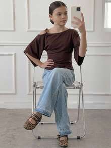 DAZY Tween Girl Solid Color Ruched Slim Fit Versatile Casual T-Shirt - Brown - View 7