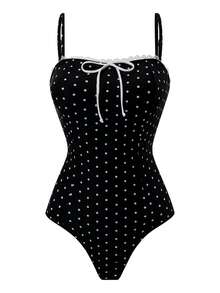 Swim Oasis 女款 2 件組夏季海灘泳裝套裝：棕色格紋印花平口荷葉邊連身泳衣 + 透視網紗層次裙，優雅海灘穿搭泳裝套裝 - 黑色 - 查看 6