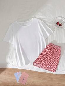 青少年女孩極簡黑色貓咪印花圓領短袖上衣與短褲兩件式居家服套裝 - 白色 - 查看 2