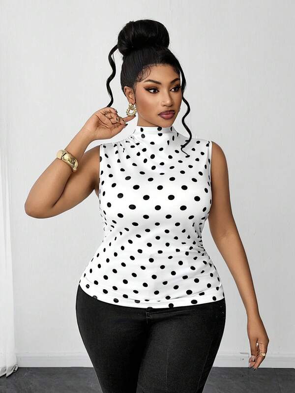 Maweii Áo tank top nữ size lớn màu trắng chấm bi bèo nhún, ôm dáng tôn eo, không tay, cổ nửa cao, phong cách vintage, thanh lịch, mặc hàng ngày, tôn dáng mùa hè, đa năng