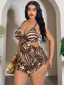 Slaydiva Plus Size Women 2-Piece Random Multicolor Leopard Print Fashion Holiday Daily Minimalist Casual Ring Mesh Semi-Sheer Swimsuit With Drawstring Tie Bow Adjustable Thick Shoulder Straps High Waist Triangle Bikini Bottom - Brown - View 4
