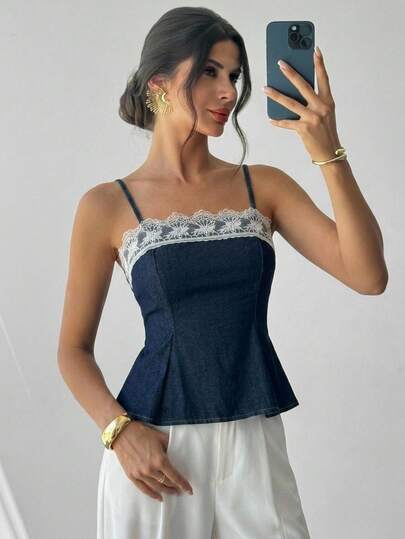 Firerie Women's Lace Patchwork Soiree Fitted Elegant Camisole Denim Top Back To School Summer Festival Festa Junina Tops Work Brazil Navy Blue Going Out Tops