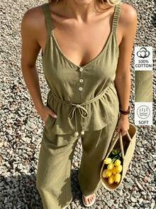 Cévolie Women's Solid Color Camisole Top And Long Pants Casual Vacation Set Olive Green Summer - Green - View 7