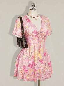 SHEIN ICON 大尺碼女款前綁帶短袖休閒碎花洋裝 - 粉色 - 查看 5