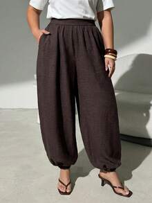 SHEIN Tall CURVE Plus Size Women's Chocolate Brown Drawstring Pants Vacation Autumn Elegant Fall Formal Casual Elegant Business Carribean - Brown - View 9
