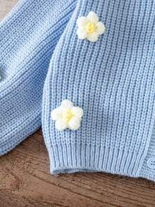 SHEIN 女童純色針織泡泡袖V領休閒開襟衫 - 藍色 - 查看 10