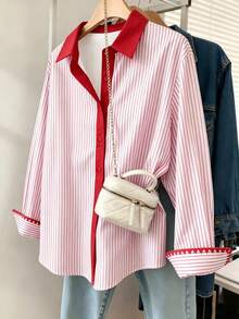 Resyla Women's Contrast Color Long Sleeve Single-Breasted Casual Striped Shirt - Multicolor - View 3