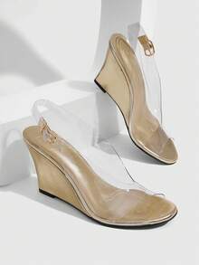CUCCOO SZL 女款時尚優雅楔形粗高跟涼鞋，圓頭露趾後扣帶 Slingback 玻璃膠款，適合春夏秋季 - 金色 - 查看 1