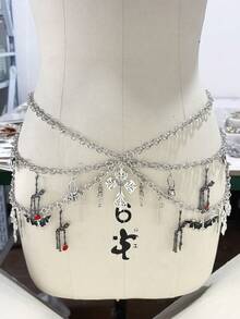 ROMWE Goth 1 Piece Women's Dark Style Chain Belt With Bat, Skull And Cross Motifs In Black - Silver multi-layer waist chain on both sides - View 7