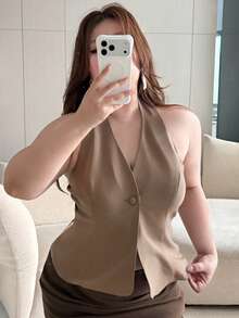 Dazy Plus Solid Color Halter Neck Backless Elegant Formal Summer Top Plus Size Women Spring/Summer Tank Top Going Out Tops - Khaki - View 1