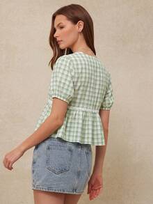 WESTFADE Gingham Plaid & Floral Lace V Neck Tassel Tie Front Short Puff Sleeve Ruffle Babydoll Top, School, Western, Female Country Look, Cowgirl, Rodeo - Green - View 3
