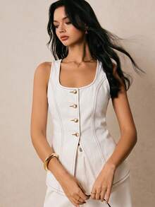 Poéselle Women's Square Neck Metal Single-Breasted Vest Denim Top - White - View 6
