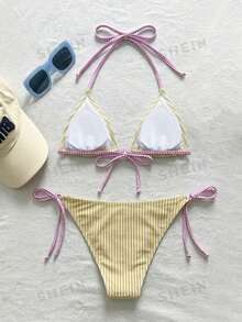 Swim Mod Women's Summer Beach Striped Halter Neck Tie Sexy Fashion Bikini Two-Piece Swimsuit Set - Light Yellow - View 3