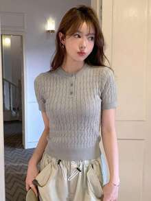 DAZY 女款鈕扣半開襟短袖休閒針織上衣 - 灰色 - 查看 6