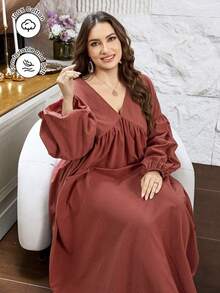 Al Najma Robe arabe décontractée minimaliste de couleur unie à col en V, épaules tombantes, manches longues, coupe ample et régulière, grande taille pour femmes, pour le printemps et l'été - Rose cuivré - Voir 5