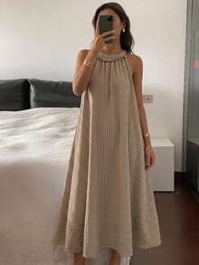 DAZY 條紋無袖寬鬆長洋裝 夏季女款睡裙家居服睡衣 - 卡其色 - 查看 3