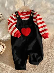 SHEIN Vêtements pour bébé garçon, bébé fille, tout-petit garçon, vêtements d'automne et d'hiver, barboteuses, salopettes, pantalon salopette en velours côtelé abricot, combinaison, pantalon long, confortable, polyvalent, à la mode, quotidien, mignon, broderie cœur 3D, style décontracté minimaliste basique, convient pour l'intérieur, l'extérieur, le ski, le quotidien, les sports, les jeux, les fêtes, les photos, les festivals, Halloween, Noël, le Nouvel An - Noir - Voir 1