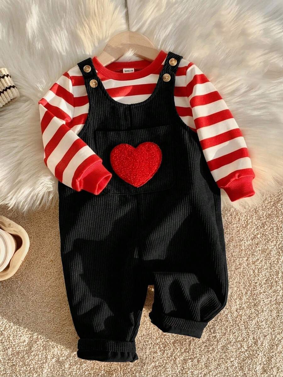 SHEIN Vêtements pour bébé garçon, bébé fille, tout-petit garçon, vêtements d'automne et d'hiver, barboteuses, salopettes, pantalon salopette en velours côtelé abricot, combinaison, pantalon long, confortable, polyvalent, à la mode, quotidien, mignon, broderie cœur 3D, style décontracté minimaliste basique, convient pour l'intérieur, l'extérieur, le ski, le quotidien, les sports, les jeux, les fêtes, les photos, les festivals, Halloween, Noël, le Nouvel An - Noir - Voir 1