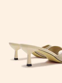 CUCCOO BASICS Ladies Knitted Apricot Stiletto Kitten Heel Sexy Mueller Slip-On Open Toe Toothed Tipped Breathable Summer Striped Women's Sandals Commuter - Apricot - View 4