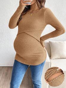 SHEIN 孕婦純色圓領長袖哺乳上衣 - 咖啡棕 - 查看 1