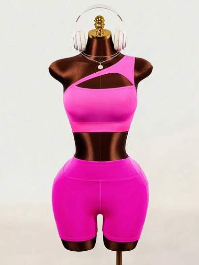 Mistrie Solid Color One Shoulder Hollow Out Cropped Tank Top & Shorts Sports Set