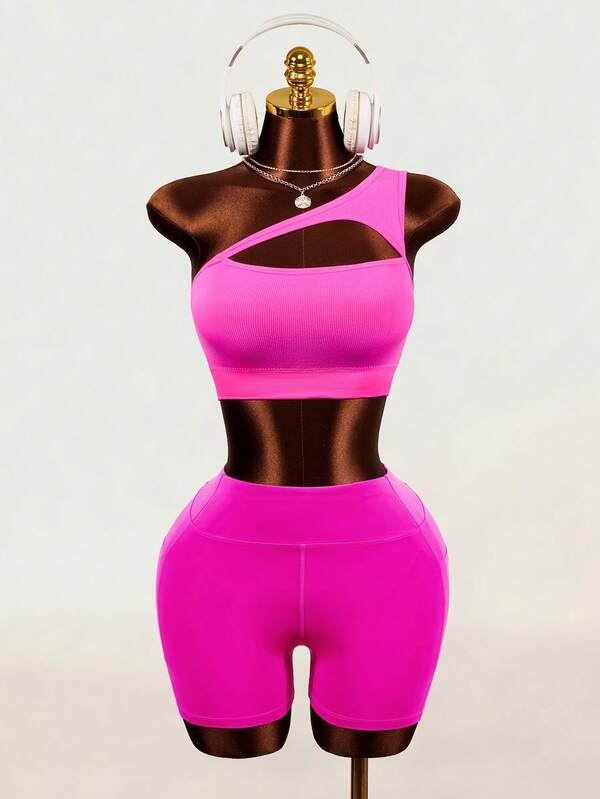Mistrie Solid Color One Shoulder Hollow Out Cropped Tank Top & Shorts Sports Set