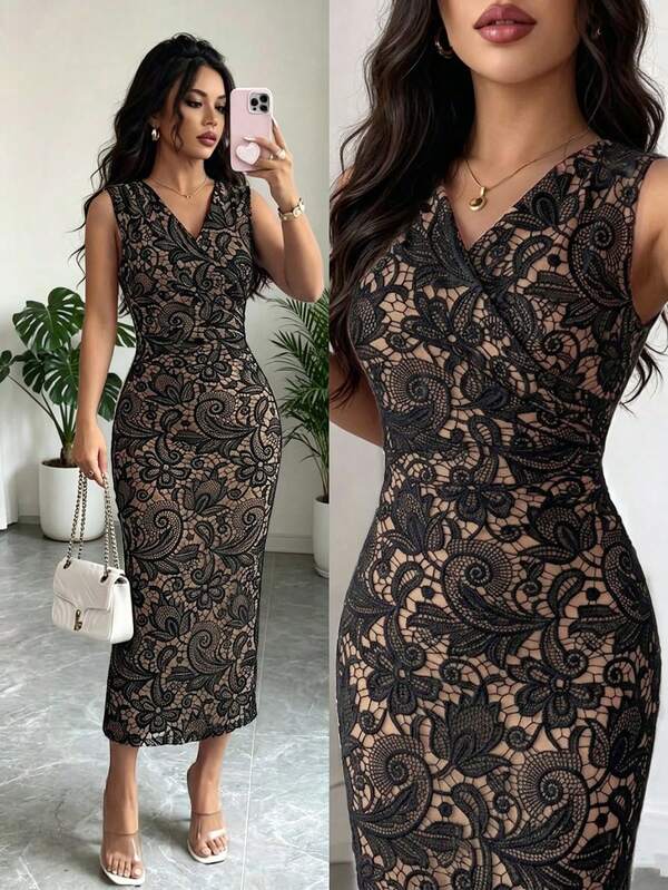 Elenzga Elegantes Damen-Kleid im Vintage-Minimalismus-Stil, lässig und bequem für Pendeln, Urlaub, Strand und Büro, ärmellos, mit V-Ausschnitt, tailliert, figurbetonen Bodycon-Passform, geraffter Taille und Faux-Spitzen-Muster (zufälliges Muster)