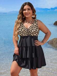 Swim Lushoire Plus Size Women Leopard Print Color Block Tankini Set, Suitable For Beach Vacation Wear - Multicolor - View 1