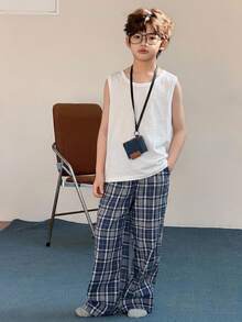 DAZY 青少年男孩純色圓領背心與格紋長褲居家休閒服 - 白色 - 查看 5